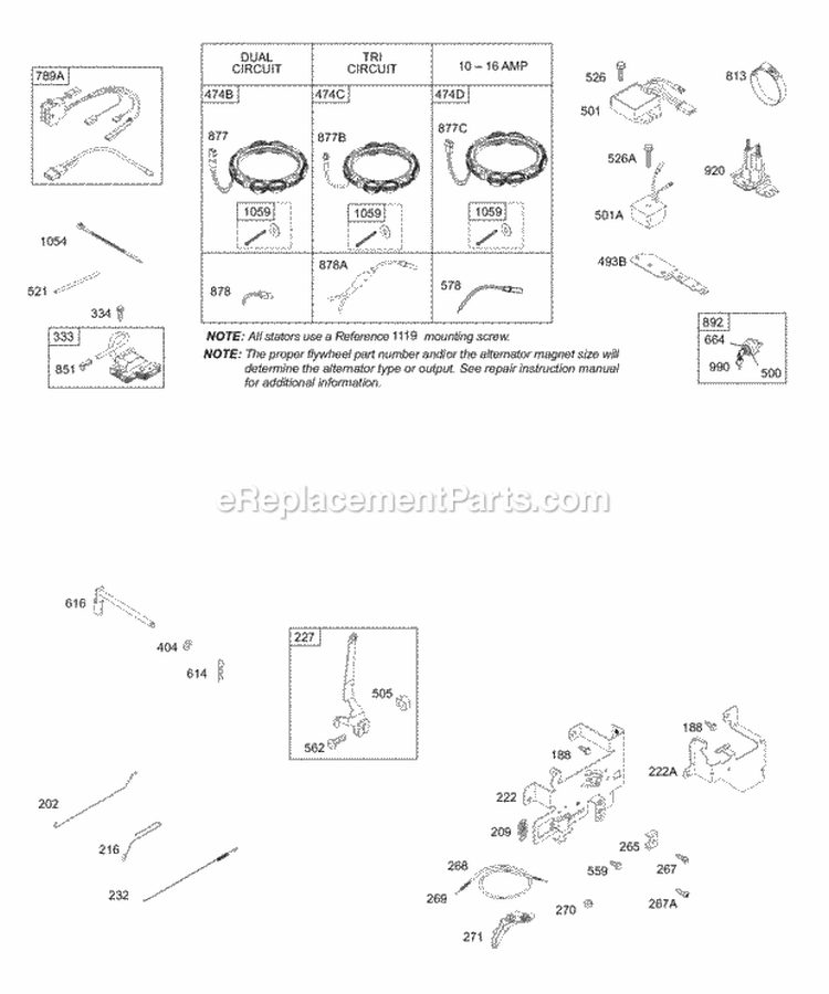 Alternator Control Bracket Ignition Diagram and Parts List for  Briggs and Stratton Engine